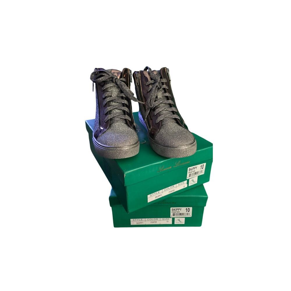 Lauren Lorraine Skippy Pewter Glitter High Top Sneakers 10 Glam Faux Zip NWB